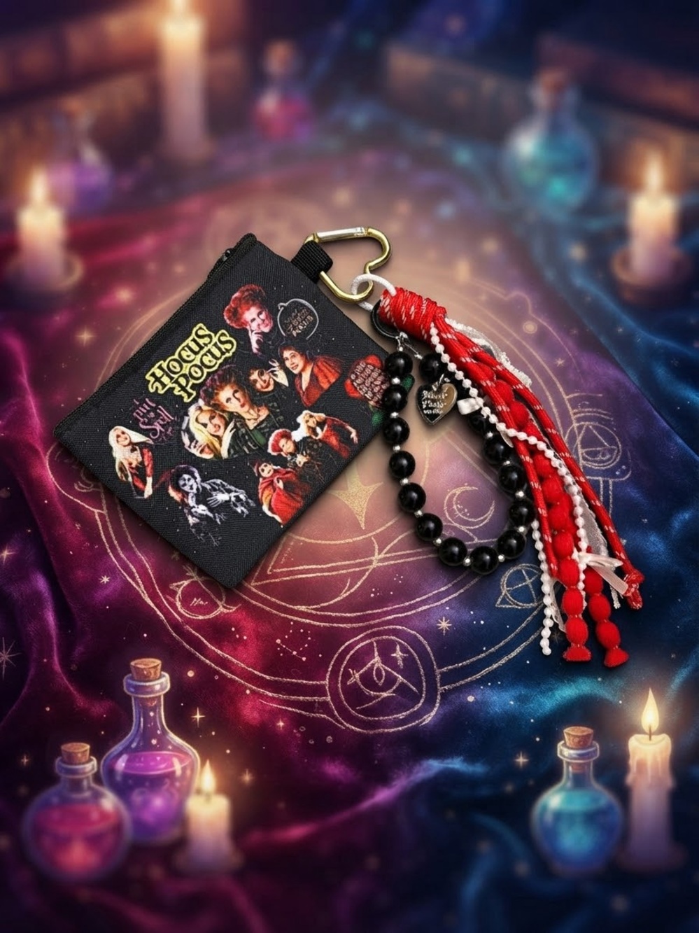 Themed Black & Red Key Pouch with Beaded Tassel